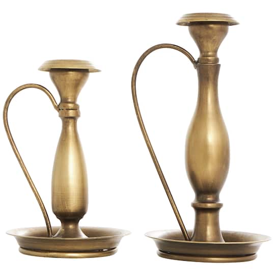 Bronze Metal Antique Style Candle Holder with Candle Plates & Handles Set